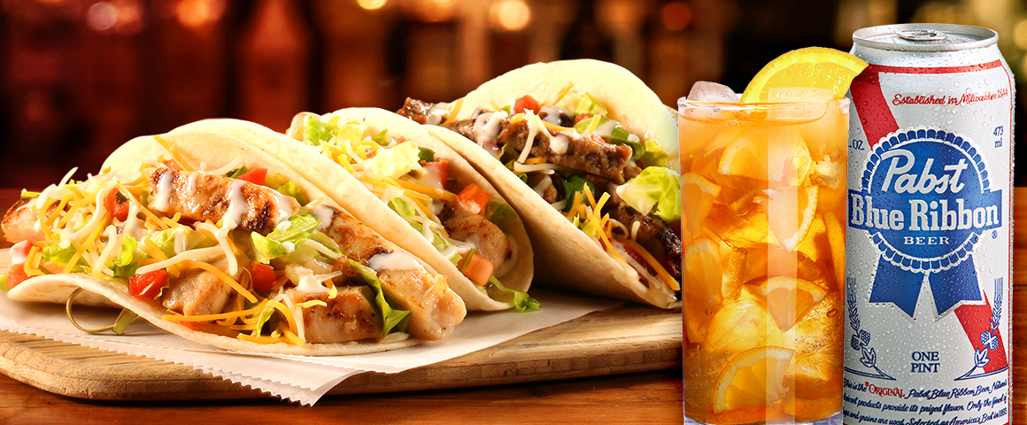 tacos, long island iced tea, and PBR beer