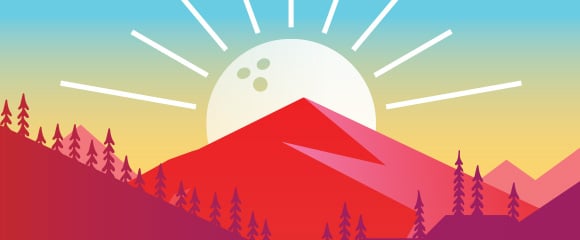 graphic of bowling ball depicted as a sun rising behind a mountain