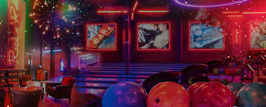 Bowling lanes with holiday lights 