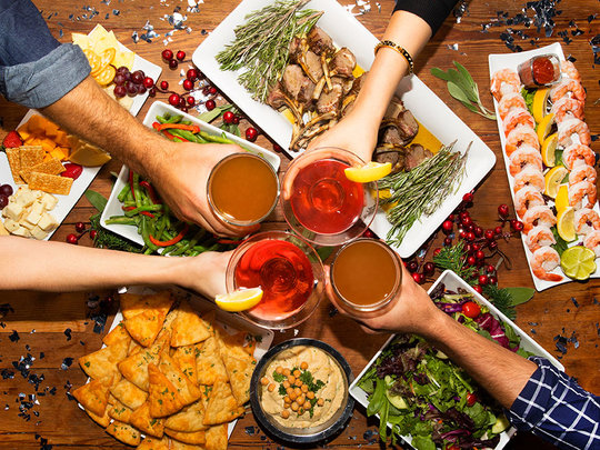 food on a table with drinks