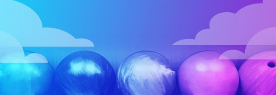 bowling balls in a row with cloud motifs