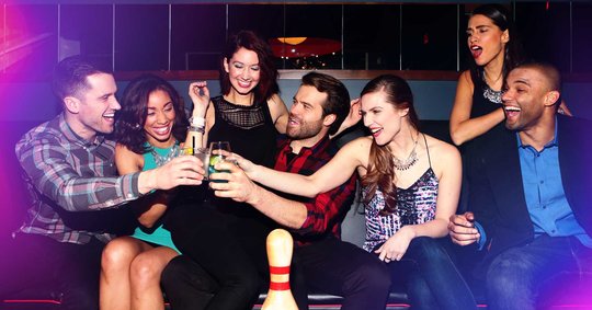 Group on couches with drinks