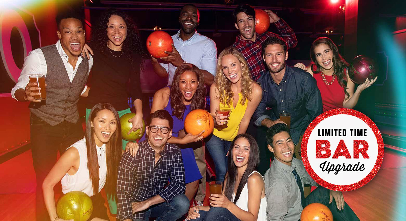 adults posing in front of a bowling lane - burst text: limited time bar upgrade