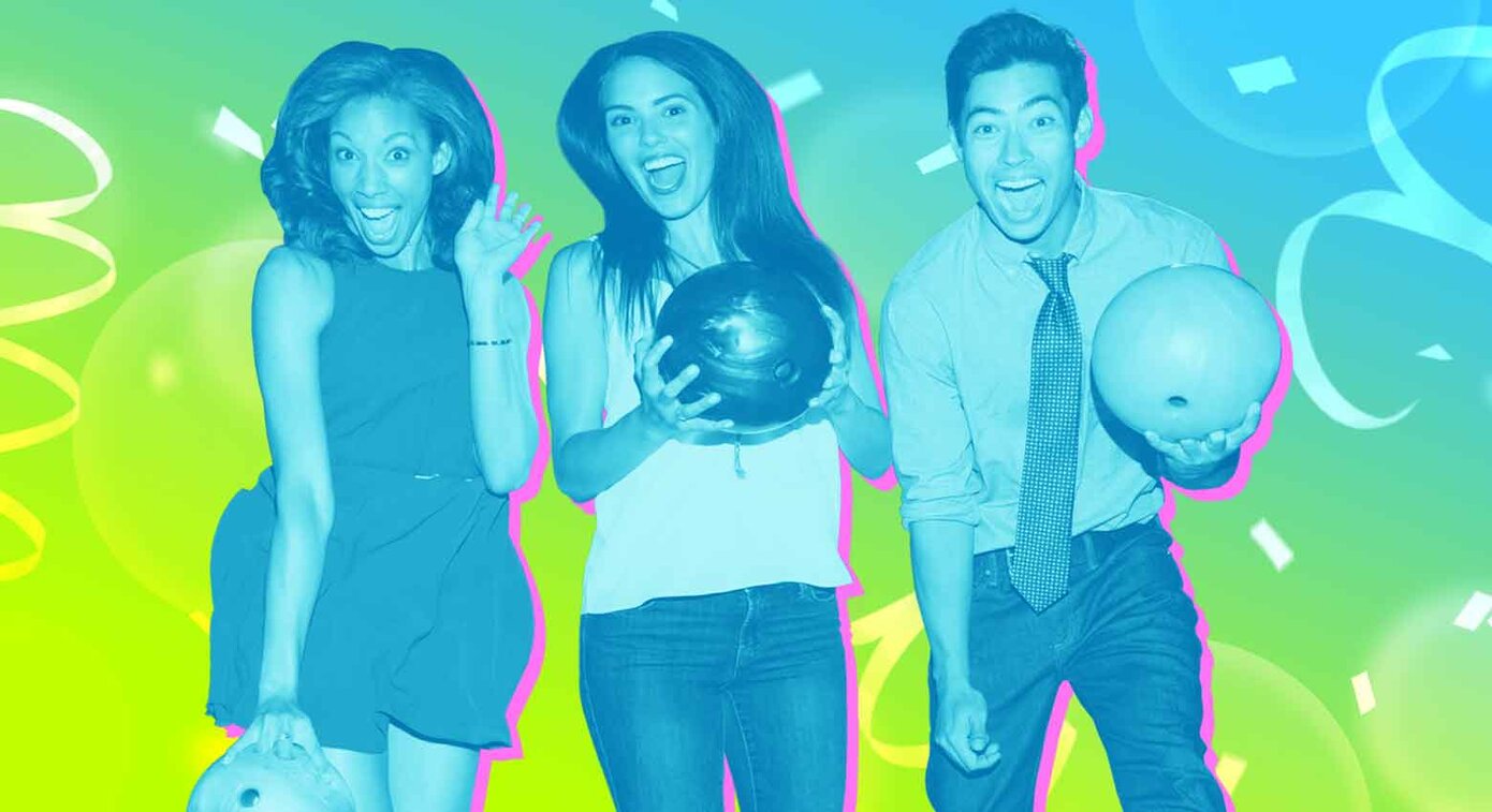 three excited people holding bowling balls